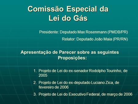 Comissão Especial da Lei do Gás Presidente: Deputado Max Rosenmann (PMDB/PR) Relator: Deputado João Maia (PR/RN) Apresentação de Parecer sobre as seguintes.