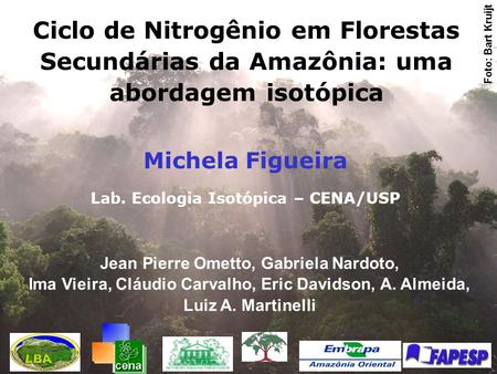 Foto: Bart Kruijt Ciclo de Nitrogênio em Florestas Secundárias da Amazônia: uma abordagem isotópica Michela Figueira Lab. Ecologia Isotópica – CENA/USP.