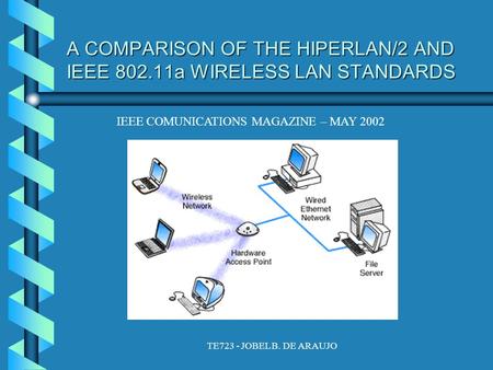 TE723 - JOBEL B. DE ARAUJO A COMPARISON OF THE HIPERLAN/2 AND IEEE 802.11a WIRELESS LAN STANDARDS IEEE COMUNICATIONS MAGAZINE – MAY 2002.