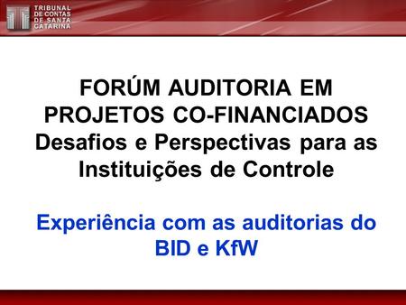 FORÚM AUDITORIA EM PROJETOS CO-FINANCIADOS Desafios e Perspectivas para as Instituições de Controle Experiência com as auditorias do BID e KfW.