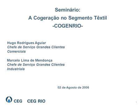 1 Seminário: A Cogeração no Segmento Têxtil -COGENRIO- 02 de Agosto de 2006 Hugo Rodrigues Aguiar Chefe de Serviço Grandes Clientes Comerciais Marcelo.