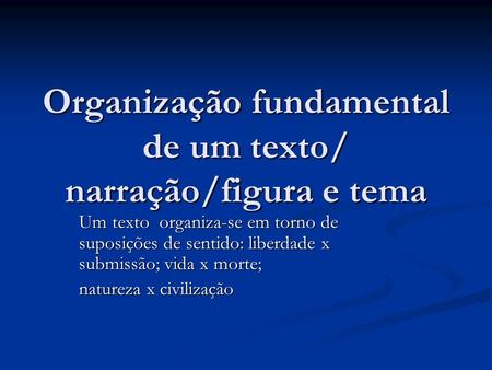 Organização fundamental de um texto/ narração/figura e tema
