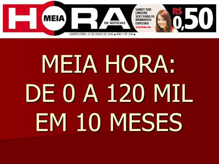 MEIA HORA: DE 0 A 120 MIL EM 10 MESES. Mercado de jornais no Rio em setembro de 2005 CLASSE A – O Globo e Jornal do Brasil CLASSE A – O Globo e Jornal.