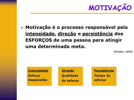 MOTIVAÇÃO Motivação é o processo responsável pela intensidade, direção e persistência dos ESFORÇOS de uma pessoa para atingir uma determinada meta. (Druker,