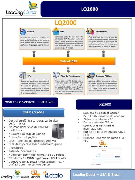 LQ2000 IPBX LQ2000 1 LeadingQuest – USA & Brazil Produtos e Serviços – Parla VoIP Solução de Contact Center Sem limite máximo de usuários Sistema totalmente.