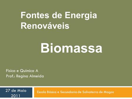 Fontes de Energia Renováveis Biomassa Escola Básica e Secundaria de Salvaterra de Magos 27 de Maio 2011 Física e Química A Prof.: Regina Almeida.