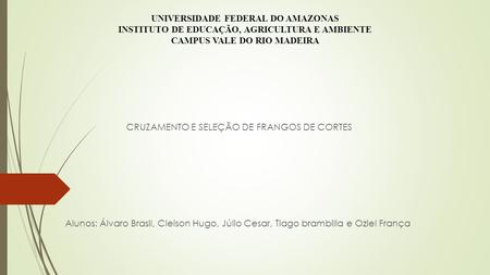 UNIVERSIDADE FEDERAL DO AMAZONAS INSTITUTO DE EDUCAÇÃO, AGRICULTURA E AMBIENTE CAMPUS VALE DO RIO MADEIRA CRUZAMENTO E SELEÇÃO DE FRANGOS DE CORTES Alunos: