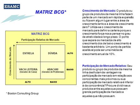 MATRIZ BCG* Crescimento de Mercado: O produto ou grupo de produtos da mesma linha fazem parte de um mercado em rápida expansão ou fica em algum lugar entre.