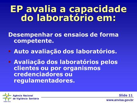 Agência Nacional de Vigilância Sanitária www.anvisa.gov.br EP avalia a capacidade do laboratório em: Desempenhar os ensaios de forma competente.  Auto.