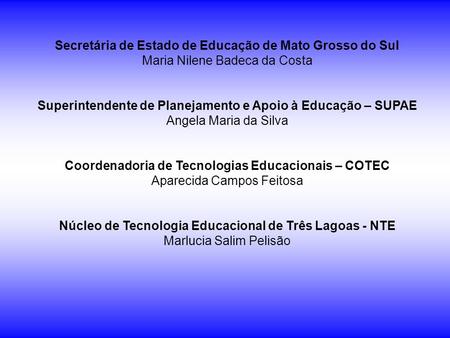 Secretária de Estado de Educação de Mato Grosso do Sul Maria Nilene Badeca da Costa Superintendente de Planejamento e Apoio à Educação – SUPAE Angela Maria.