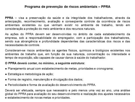 Programa de prevenção de riscos ambientais – PPRA