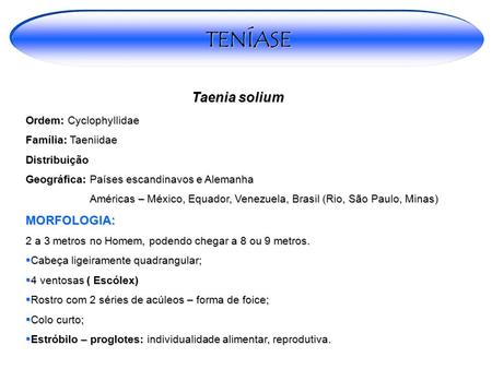 TENÍASE Taenia solium MORFOLOGIA: Ordem: Cyclophyllidae