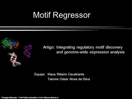 Biologia Molecular – Profª Kátia Guimarães e Prof.º Marcos Morais Jr. Motif Regressor Artigo:Integrating regulatory motif discovery and genome-wide expression.
