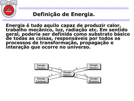 Definição de Energia. Energia é tudo aquilo capaz de produzir calor, trabalho mecânico, luz, radiação etc. Em sentido geral, poderia ser definida como.