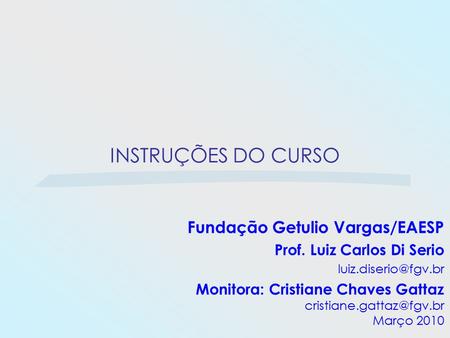 INSTRUÇÕES DO CURSO Fundação Getulio Vargas/EAESP Prof. Luiz Carlos Di Serio Monitora: Cristiane Chaves Gattaz
