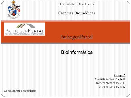 PathogenPortal Bioinformática Universidade da Beira Interior Ciências Biomédicas Grupo 7 Manuela Pereira nº 24289 Bárbara Mendes nº25433 Mafalda Neto nº26132.