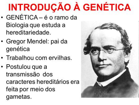 INTRODUÇÃO À GENÉTICA GENÉTICA – é o ramo da Biologia que estuda a hereditariedade. Gregor Mendel: pai da genética Trabalhou com ervilhas. Postulou que.
