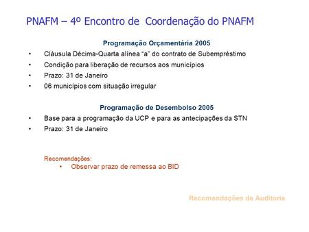 Programação Orçamentária 2005 Cláusula Décima-Quarta alínea “a” do contrato de Subempréstimo Condição para liberação de recursos aos municípios Prazo: