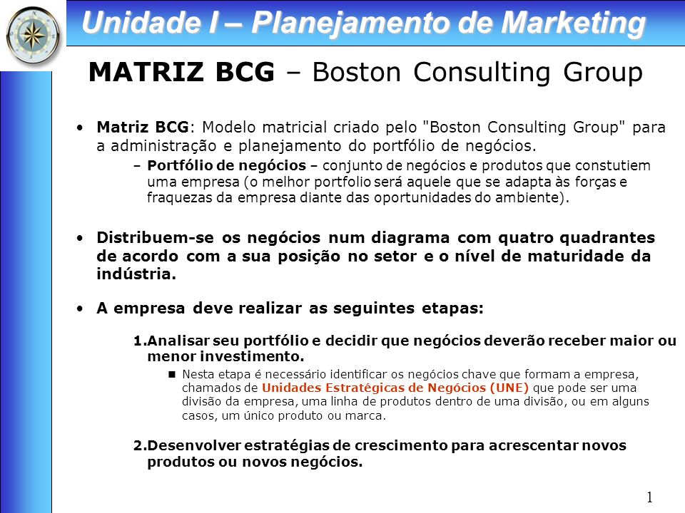 1 MATRIZ BCG – Boston Consulting Group Matriz BCG: Modelo matricial criado  pelo 