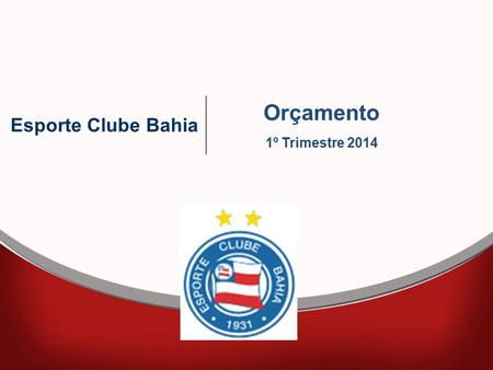 Orçamento 1º Trimestre 2014 Esporte Clube Bahia. Análise Receita 1º Trimestre 2014 DISCRIMINAÇÃO OrçadoRealizado% Receita 17.787 10.44658,60% Antecipações.