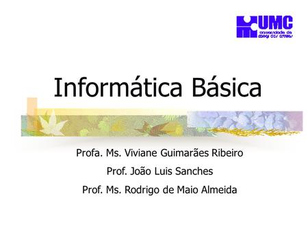 Informática Básica Profa. Ms. Viviane Guimarães Ribeiro Prof. João Luis Sanches Prof. Ms. Rodrigo de Maio Almeida.