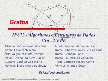 © Copyright 2003 Algoritmos e Estruturas de Dados - Todos os direitos reservados Grafos IF672 - Algoritmos e Estruturas de Dados CIn - UFPE Adriana Libório.