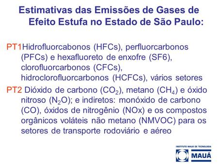 Estimativas das Emissões de Gases de Efeito Estufa no Estado de São Paulo: PT1Hidrofluorcabonos (HFCs), perfluorcarbonos (PFCs) e hexafluoreto de enxofre.