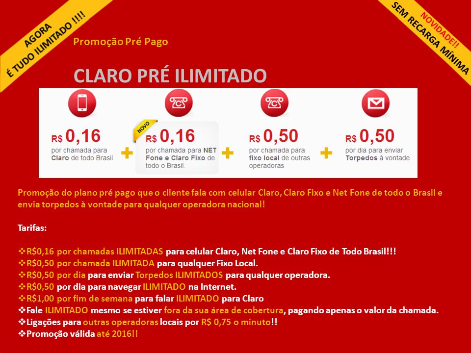 CLARO PRÉ ILIMITADO Promoção Pré Pago SEM RECARGA MÍNIMA - ppt carregar