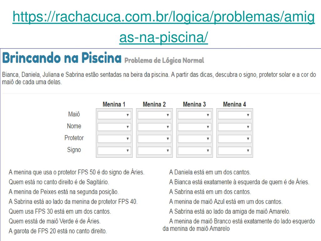 Racha Cuca - Problemas de Lógica - Aula de Artes 