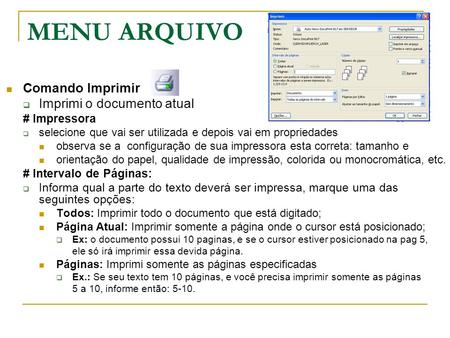 MENU ARQUIVO Comando Imprimir Imprimi o documento atual # Impressora
