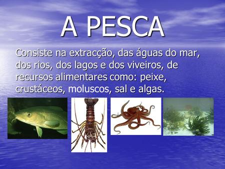 A PESCA Consiste na extracção, das águas do mar, dos rios, dos lagos e dos viveiros, de recursos alimentares como: peixe, crustáceos, moluscos, sal e algas.