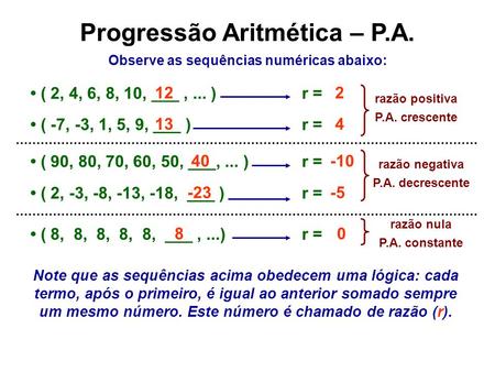 Progressão Aritmética – P.A. Observe as sequências numéricas abaixo: