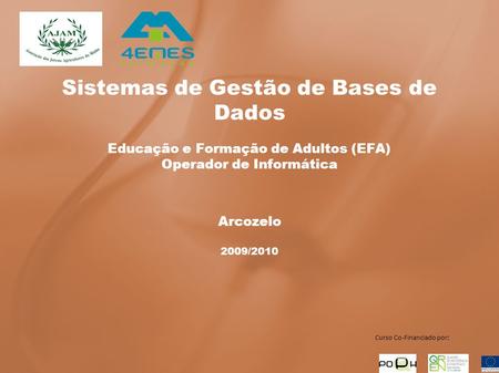 Sistemas de Gestão de Bases de Dados Educação e Formação de Adultos (EFA) Operador de Informática Arcozelo 2009/2010 Curso Co-Financiado por: