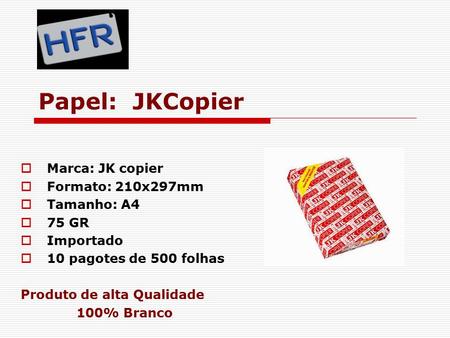 Papel: JKCopier  Marca: JK copier  Formato: 210x297mm  Tamanho: A4  75 GR  Importado  10 pagotes de 500 folhas Produto de alta Qualidade 100% Branco.