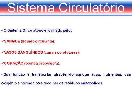 Sistema Circulatório O Sistema Circulatório é formado pelo: