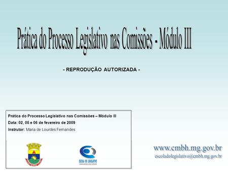 Prática do Processo Legislativo nas Comissões – Módulo III Data: 02, 05 e 06 de fevereiro de 2009 Instrutor: Maria de Lourdes Fernandes - REPRODUÇÃO AUTORIZADA.