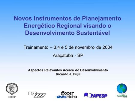 Aspectos Relevantes Acerca do Desenvolvimento Ricardo J. Fujii Treinamento – 3,4 e 5 de novembro de 2004 Araçatuba - SP Novos Instrumentos de Planejamento.