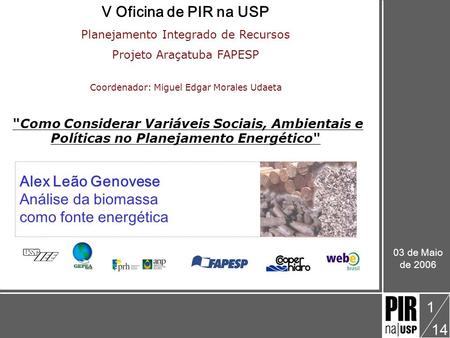 V Oficina de PIR na USP Alex Leão Genovese Análise da biomassa