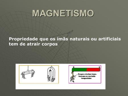 MAGNETISMO Propriedade que os ímãs naturais ou artificiais tem de atrair corpos.