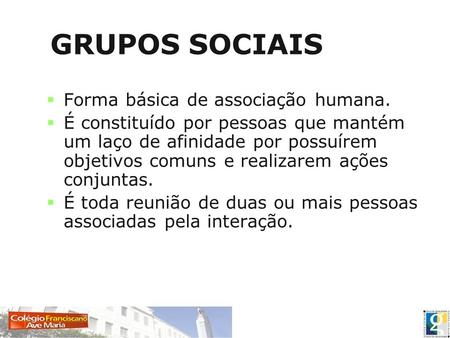GRUPOS SOCIAIS Forma básica de associação humana.