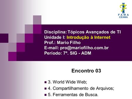 Disciplina: Tópicos Avançados de TI Unidade I: Introdução à Internet Prof.: Mario Filho E-mail: pro@mariofilho.com.br Período: 7º. SIG - ADM Encontro.