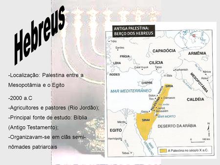 Hebreus Localização: Palestina entre a Mesopotâmia e o Egito 2000 a.C