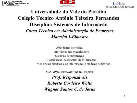 Universidade do Vale do Paraíba Colégio Técnico Antônio Teixeira Fernandes Disciplina Sistemas de Informação Curso Técnico em Administração de Empresas.
