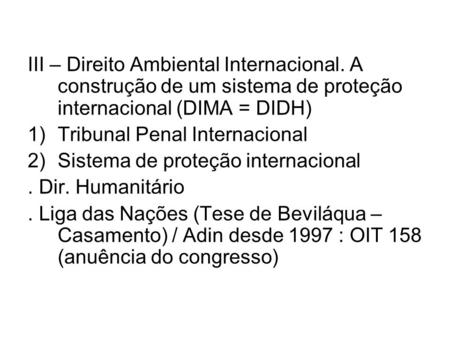 III – Direito Ambiental Internacional. A construção de um sistema de proteção internacional (DIMA = DIDH) 1)Tribunal Penal Internacional 2)Sistema de proteção.