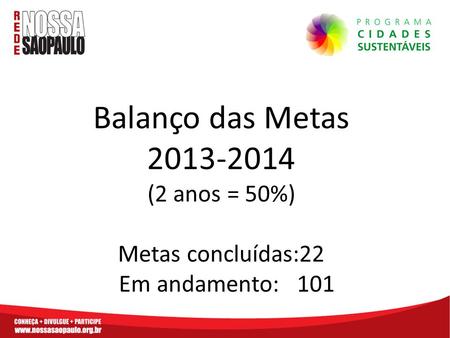 Balanço das Metas 2013-2014 (2 anos = 50%) Metas concluídas:22 Em andamento: 101.