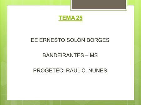 TEMA 25 EE ERNESTO SOLON BORGES BANDEIRANTES – MS PROGETEC: RAUL C. NUNES.