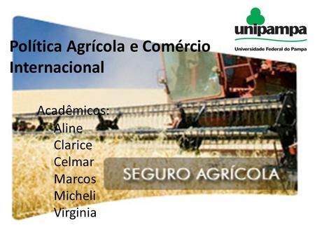 Política Agrícola e Comércio Internacional Acadêmicos: Aline Clarice Celmar Marcos Micheli Virginia.