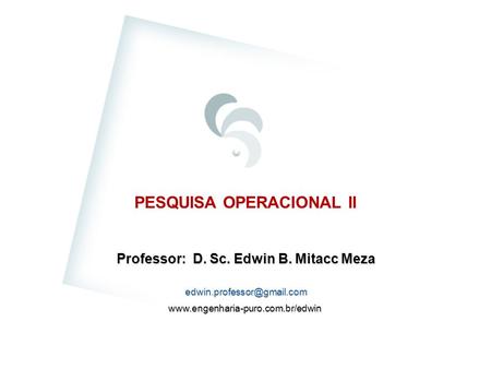 PESQUISA OPERACIONAL II Professor: D. Sc. Edwin B. Mitacc Meza