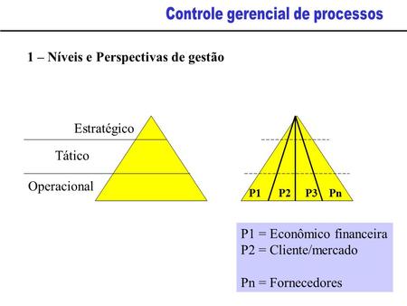 Estratégico Tático Operacional 1 – Níveis e Perspectivas de gestão P1 P2 P3 Pn P1 = Econômico financeira P2 = Cliente/mercado Pn = Fornecedores.