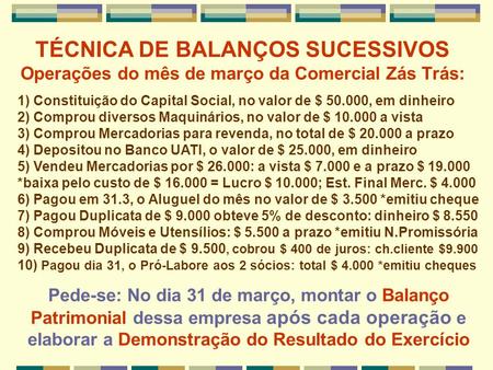 TÉCNICA DE BALANÇOS SUCESSIVOS Operações do mês de março da Comercial Zás Trás: 1) Constituição do Capital Social, no valor de $ 50.000, em dinheiro.